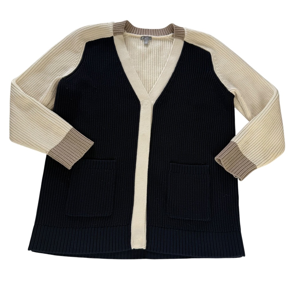 T by Talbots‎ Colorblock Shaker Knit Cardigan Sweater Navy Ivory Taupe Large